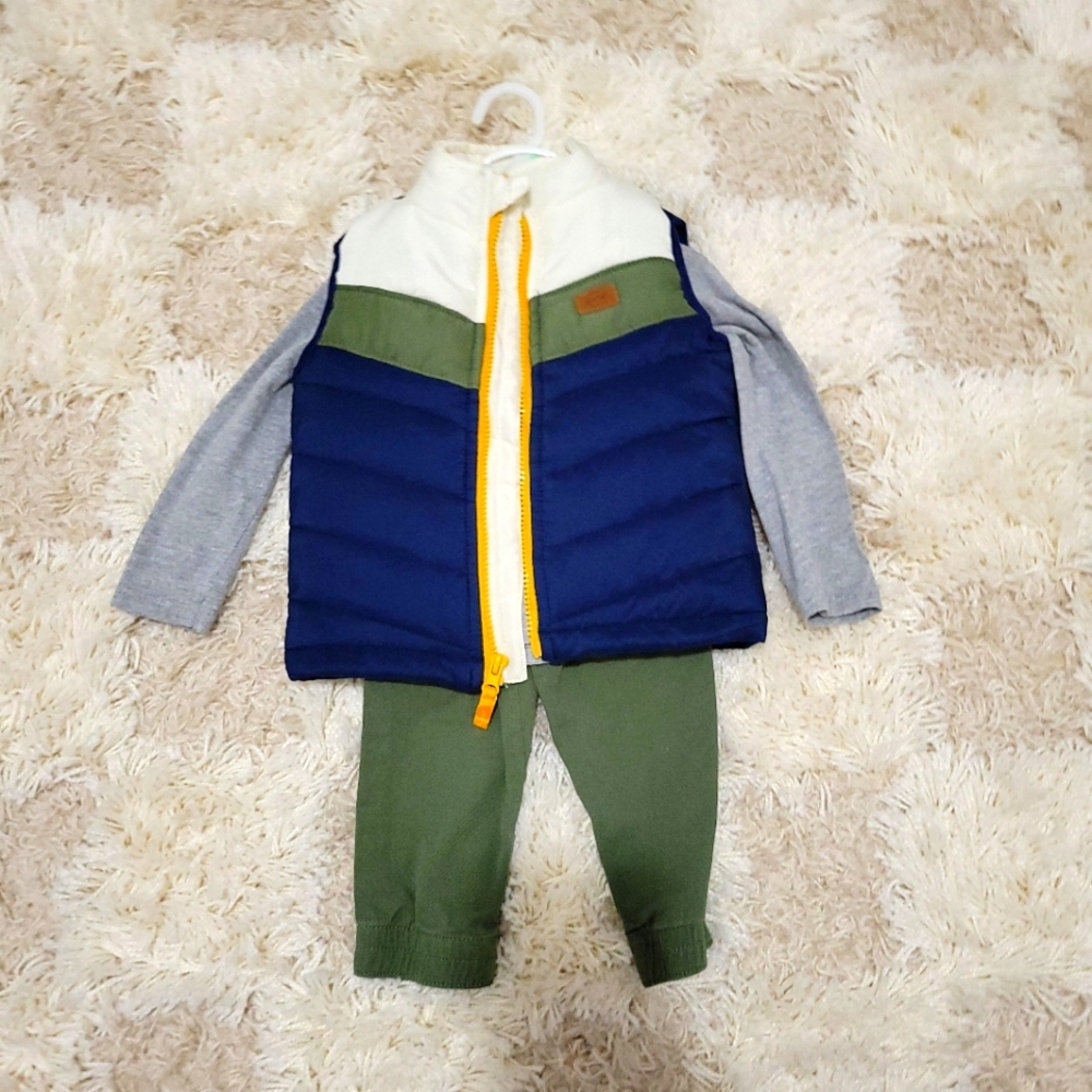 Colorblock Puffer Vest with Green Cotton Pants and Gray Sweatshirt Set 18 Months